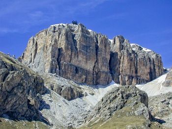 Low angle view of rocky mountains against sky