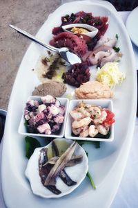 High angle view of food in plate