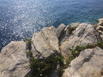 Scenic view of sea by cliff