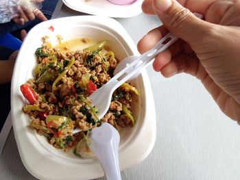 High angle view of breakfast served on table