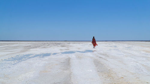 Rear view of woman walking against clear sky