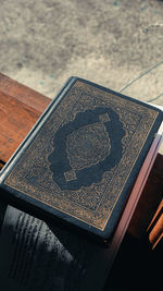 High angle view of open book on table
