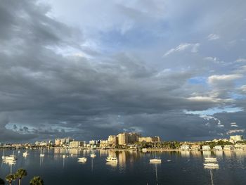 Scenic view of sea by buildings against sky