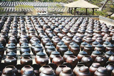 High angle view of bottles in row