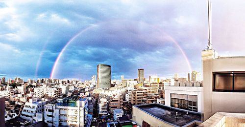 Buildings against cloudy sky