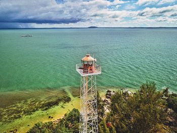 Lighthouse by sea against sky