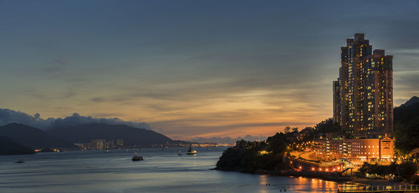 City at waterfront during sunset