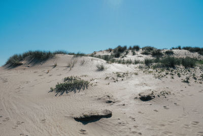 Scenic view of desert against clear blue sky