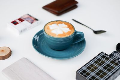 High angle view of coffee on table