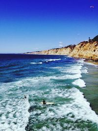 Scenic view of sea against clear blue sky