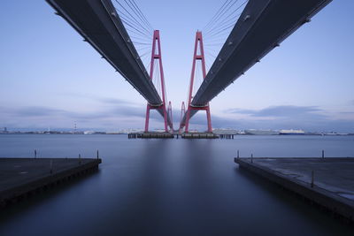 View of suspension bridge over river