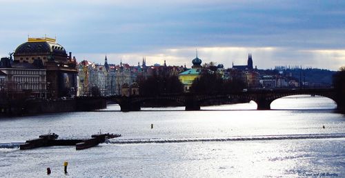 Bridge over river with city in background