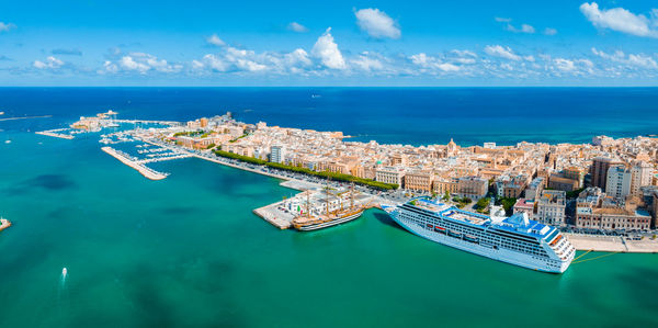 Aerial panoramic view of trapani harbor, sicily, italy.