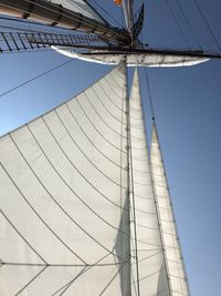 Low angle view of sailboat against clear sky