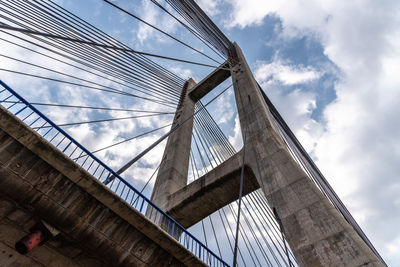 Modern suspension bridge. detail of tower and steel cables. barrios de luna, castile and leon