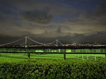 Golden gate bridge over field against sky