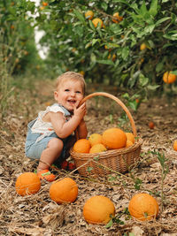 Smiling baby girl in a orange orchard .summertime between orange trees.