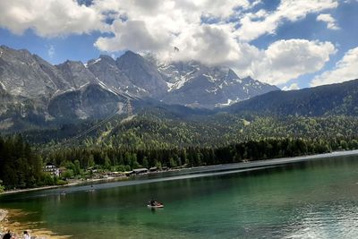 Scenic view of lake and mountains against sky