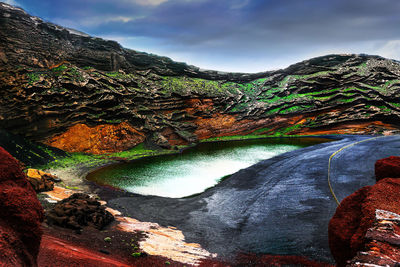 Scenic view of waterfall against sky