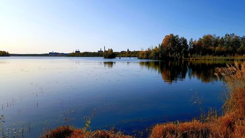 Scenic view of lake against clear sky