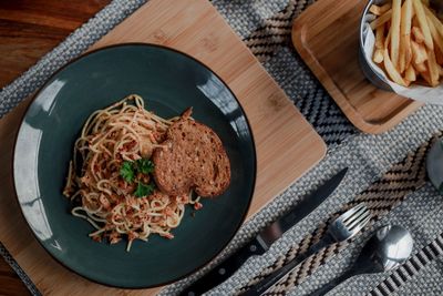 High angle view of food in bowl on table