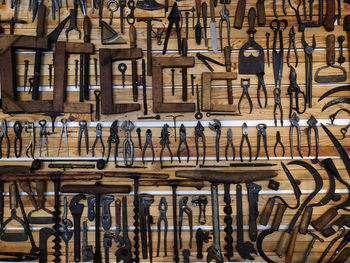 Full frame shot of tools on table