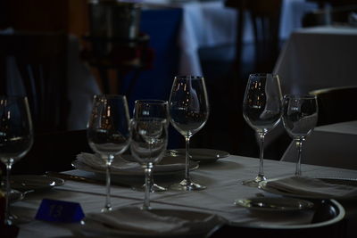 Wine glasses on table in restaurant