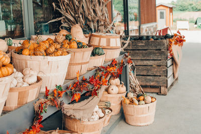 Red, green, white pumpkins in baskets by store on farm. autumn fall harvest. 