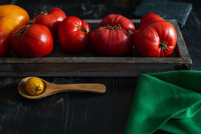 High angle view of tomatoes on table