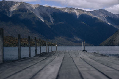 Scenic view of lake and mountains against sky