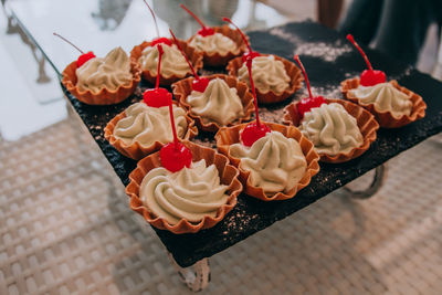 High angle view of cupcakes on table