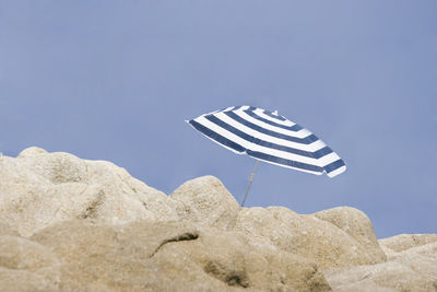 Low angle view of flag against clear blue sky