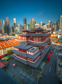 High angle view of city buildings against clear sky