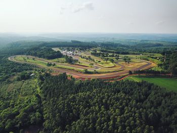 High angle view of field against sky