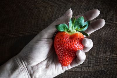 Close-up of hand holding strawberries