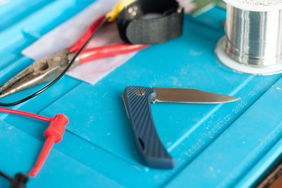 High angle view of work tools on table