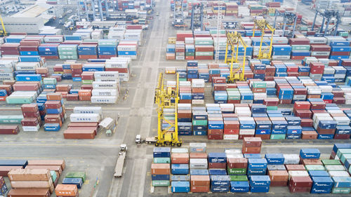 High angle view of commercial dock at harbor