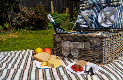 Picnic lunch is ready to be enjoyed with food and sparkling wine