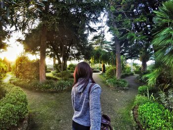 Rear view of man walking on footpath in park