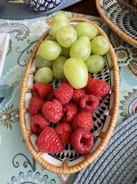 High angle view of strawberries in bowl on table