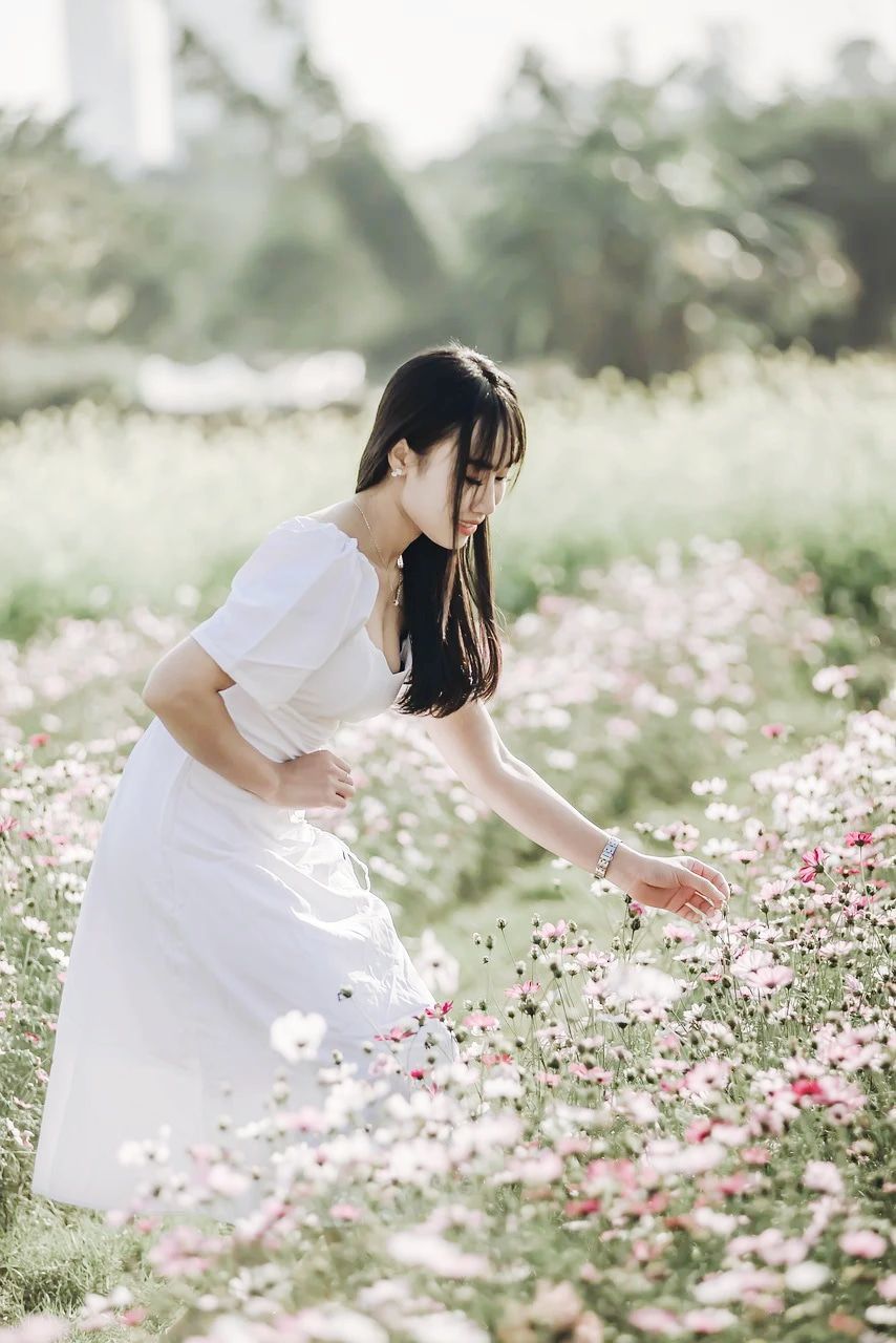 flower, women, plant, adult, flowering plant, one person, nature, young adult, clothing, freshness, fashion, dress, beauty in nature, female, bride, happiness, white, emotion, wedding dress, hairstyle, outdoors, long hair, lifestyles, grass, smiling, wedding, event, summer, standing, celebration, looking, portrait, brown hair, field, flower arrangement, springtime, day, positive emotion, elegance, three quarter length, meadow, environment, selective focus, tree, pink, plain, full length, bouquet, land, relaxation