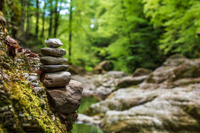 Stack of pebbles on rock in forest