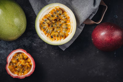 High angle view of fruits in bowl on table