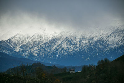 Scenic view of snowcapped mountains against sky