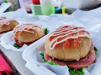 Close-up of burger on table