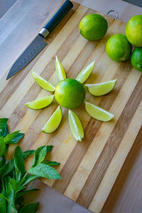 High angle view of the ingredients for mojito cocktails on a table 