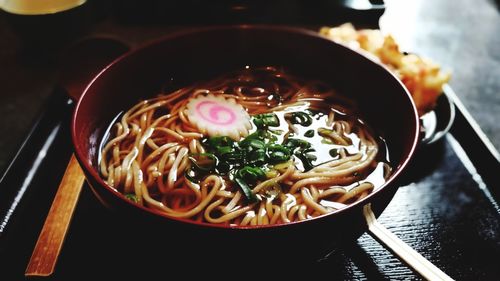 High angle view of soup in bowl