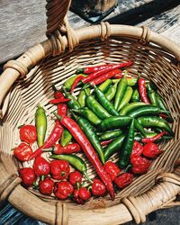 High angle view of chili peppers in basket