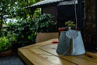 Close-up of food on table in yard