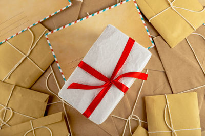 High angle view of christmas paper in box
